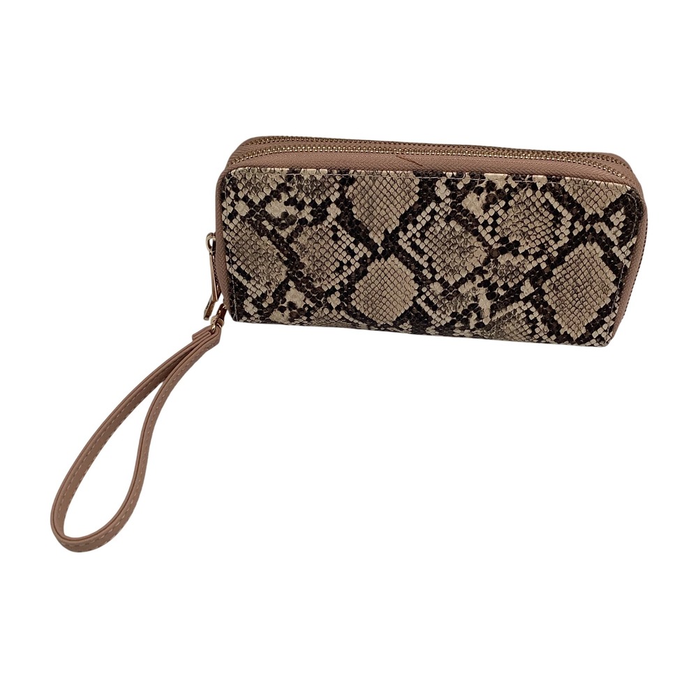 A New Day Snakeskin Print Double Zip Wristlet Wallet Tan Brown Python‎ Pattern